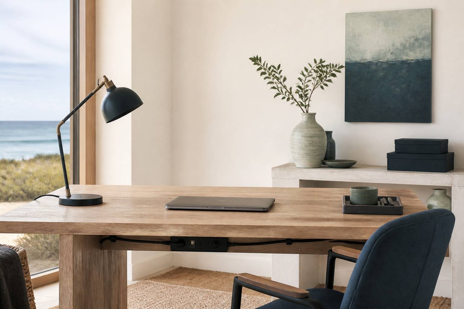 Bureau avec multiprise discrète sous le meuble et câbles rangés