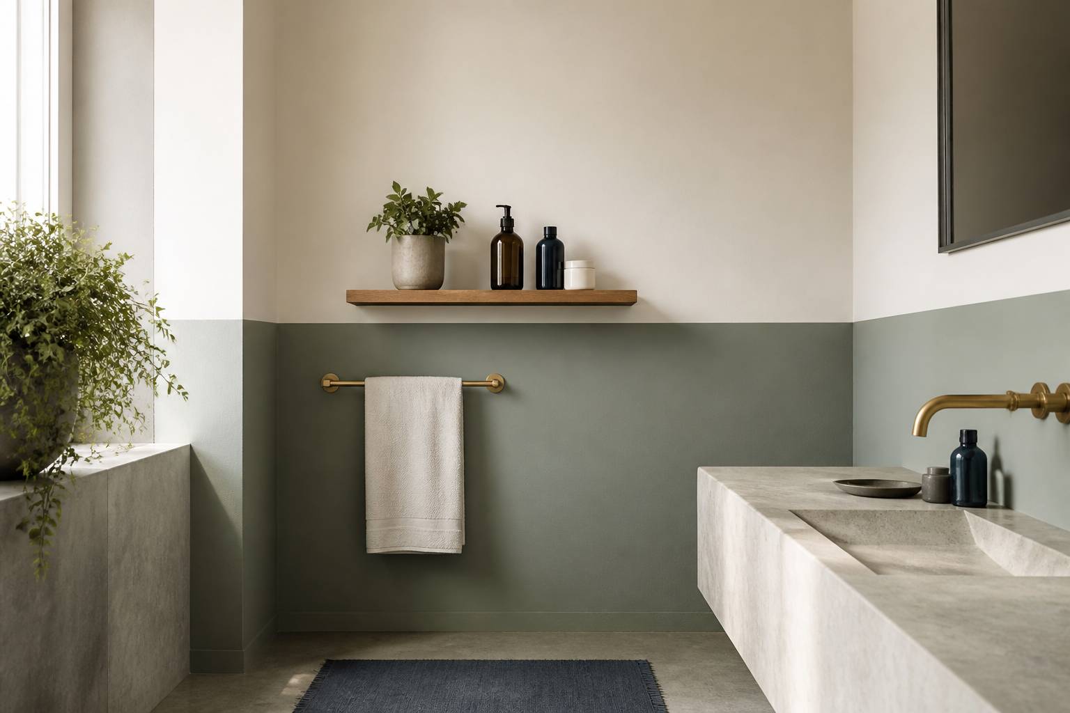 Mur de toilettes peint en bicolore avec étagère en bois et plante