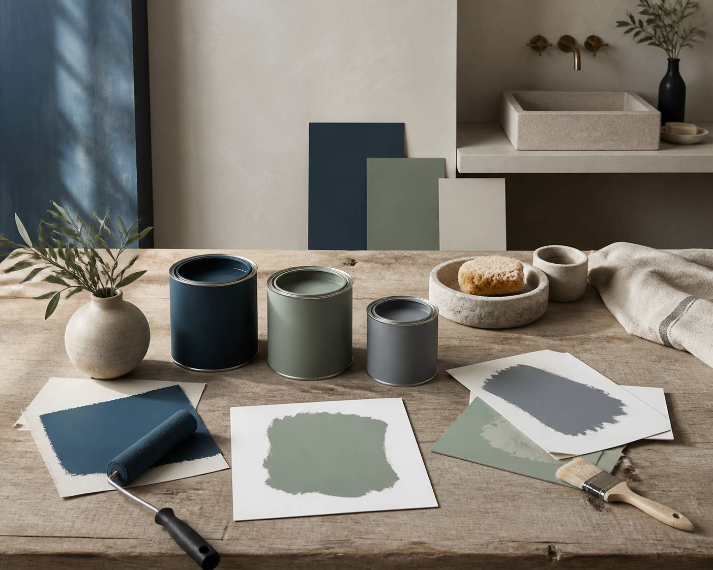 Nuancier de peinture et accessoires déco pour choisir une teinte de toilettes