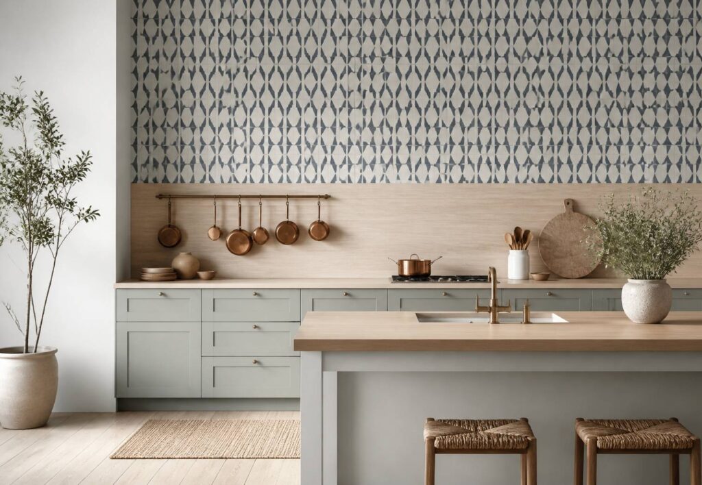 Cuisine claire avec mur en papier peint bleu ardoise et credence en bois