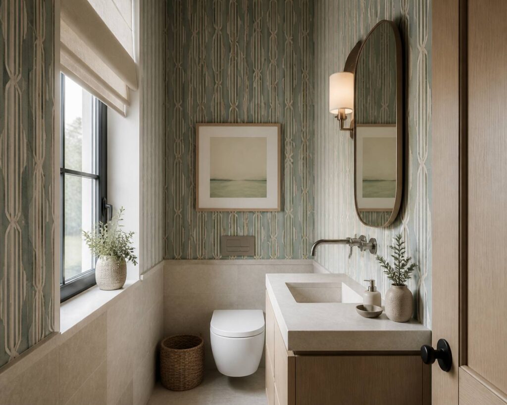 Petites toilettes décorées d'un papier peint à motifs bleu ardoise, luminaire et miroir