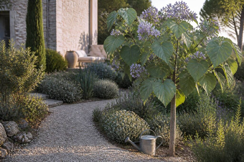 Jeune paulownia aux grandes feuilles en cœur dans un jardin ensoleillé