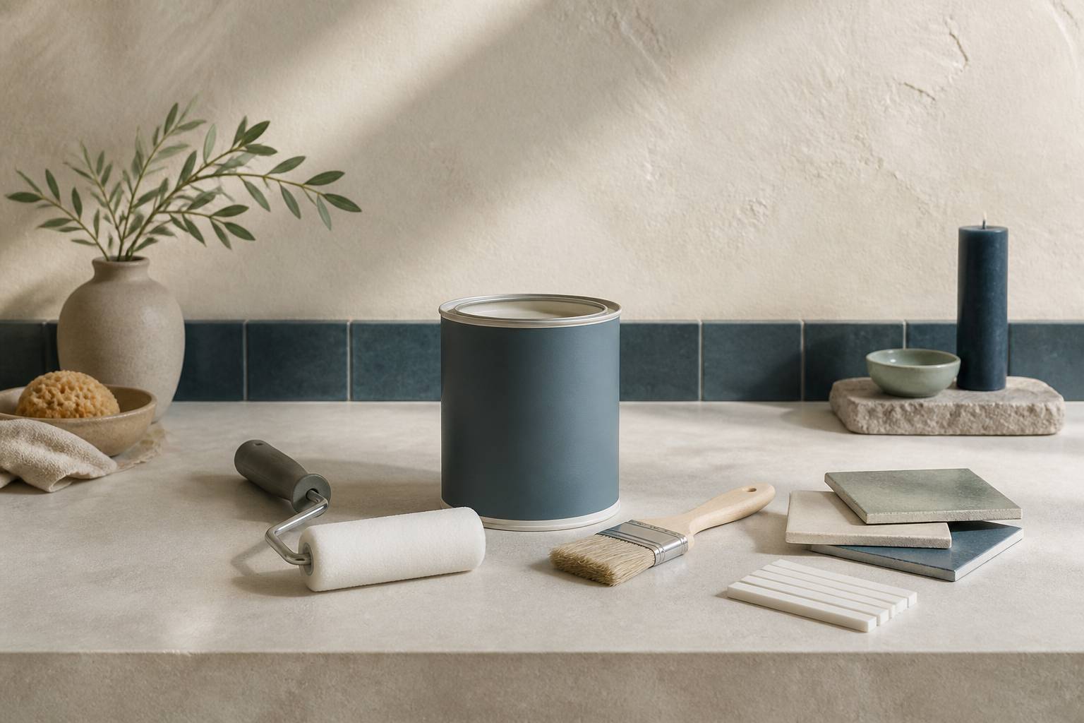 Pot de peinture carrelage avec rouleau et échantillons