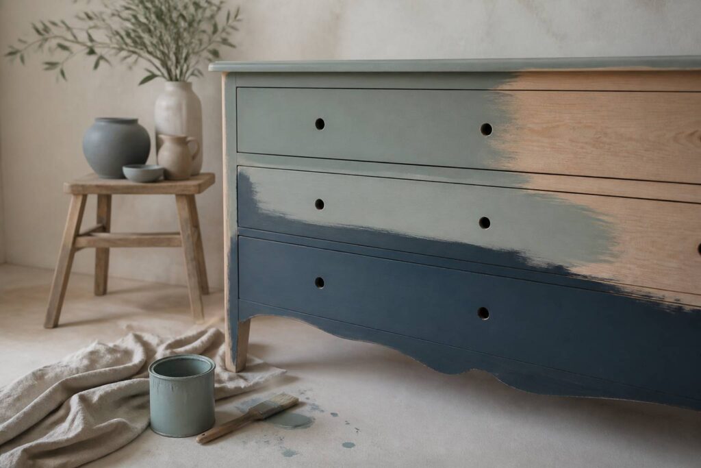 Commode en bois clair en cours de peinture à la craie dans un atelier