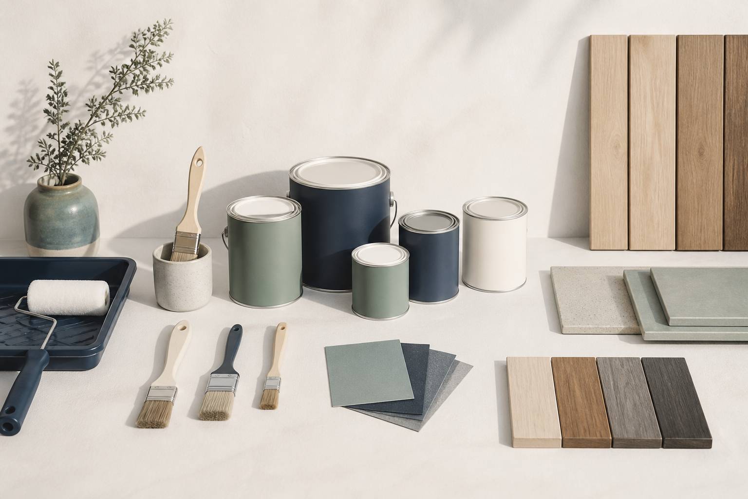 Outils de peinture pour parquet avec pots génériques et échantillons de teintes