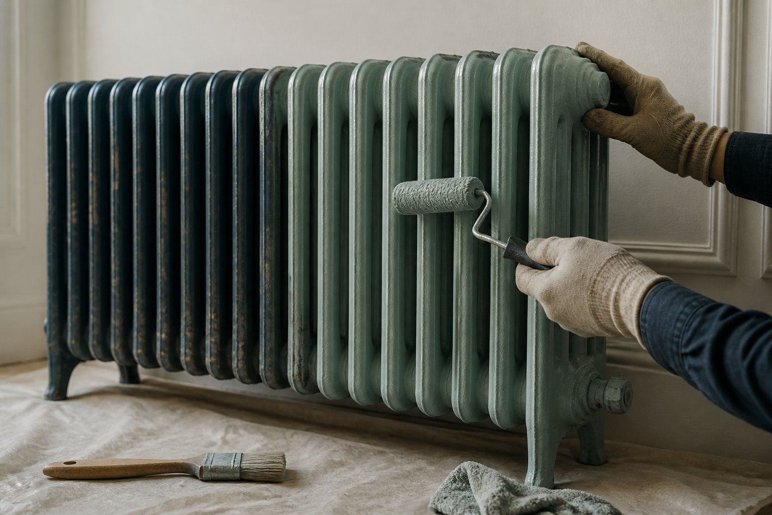 Mains gantées appliquant de la peinture sur un radiateur en fonte au rouleau