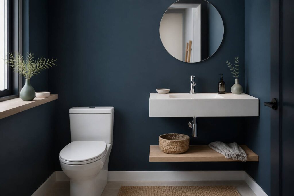 Toilettes décorées d'un mur peint bleu profond avec miroir rond