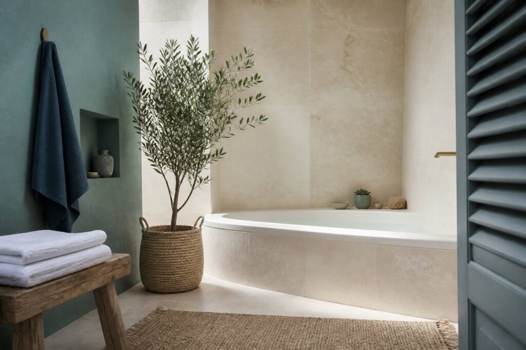 Petite baignoire d'angle dans une salle de bain claire et apaisée