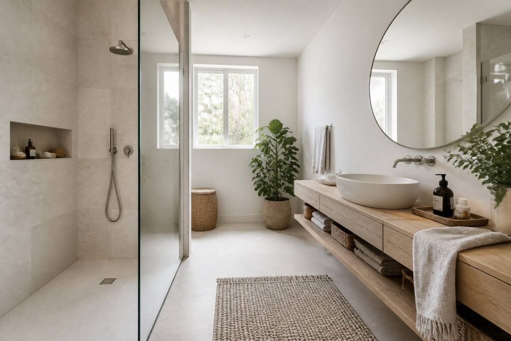 Petite salle de bains élégante avec douche à l'italienne, carrelage clair et meuble suspendu en bois