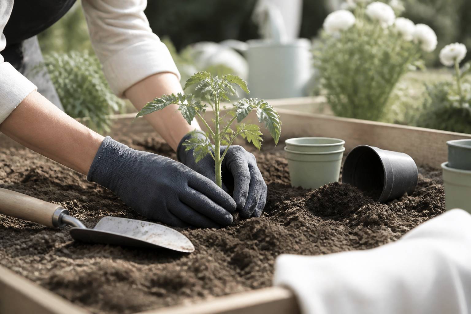 Mains gantées plantant un jeune plant de tomate dans la terre