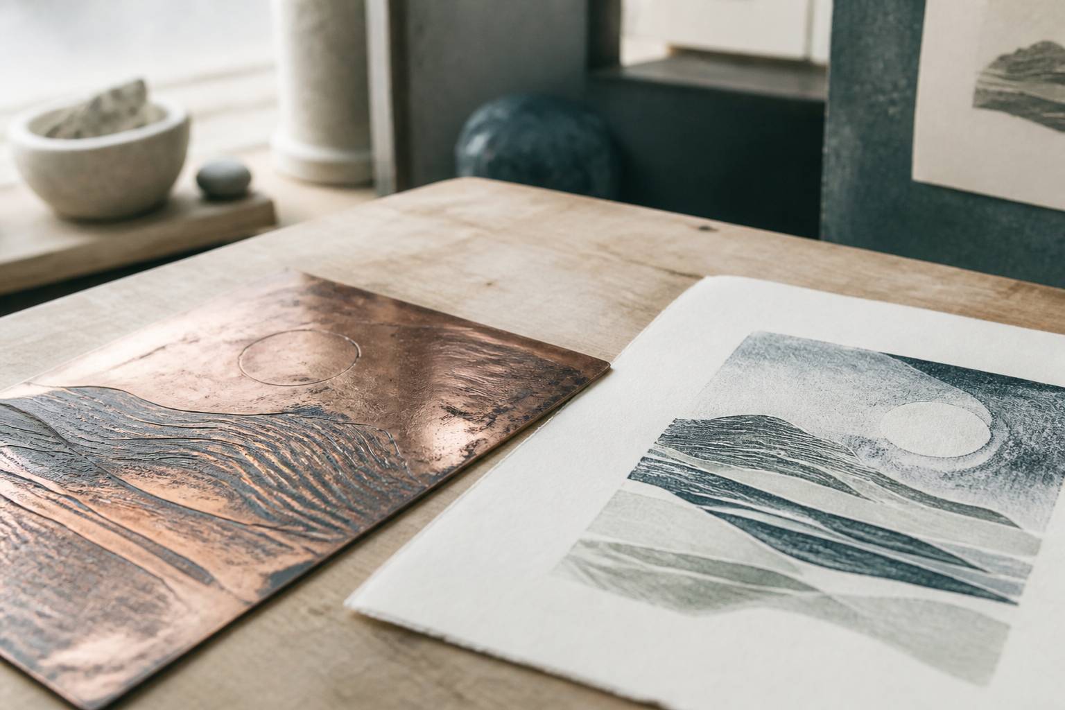Plaque de cuivre gravée en creux avec traces d'encre et épreuve imprimée à côté