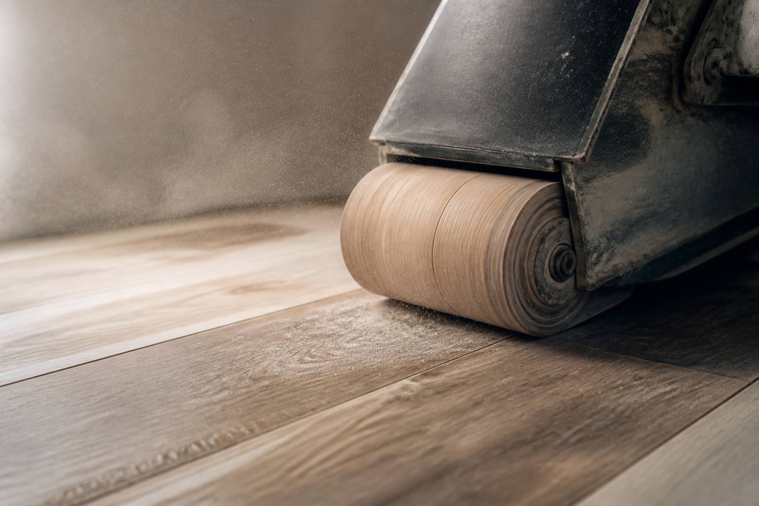 Machine à poncer le parquet en action sur un plancher en bois clair, poussière fine