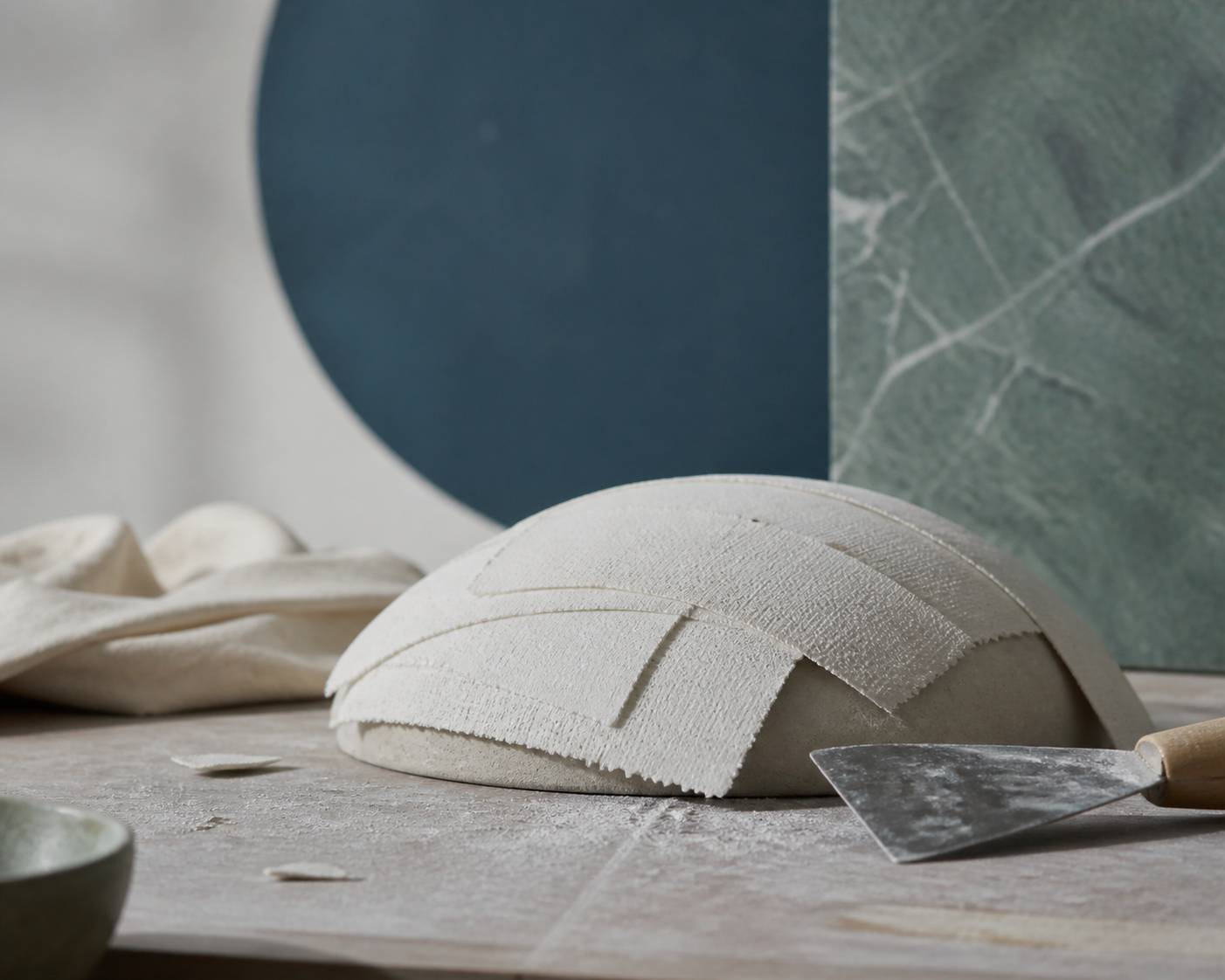 Bandes de plâtre appliquées sur une forme avec une spatule de lissage