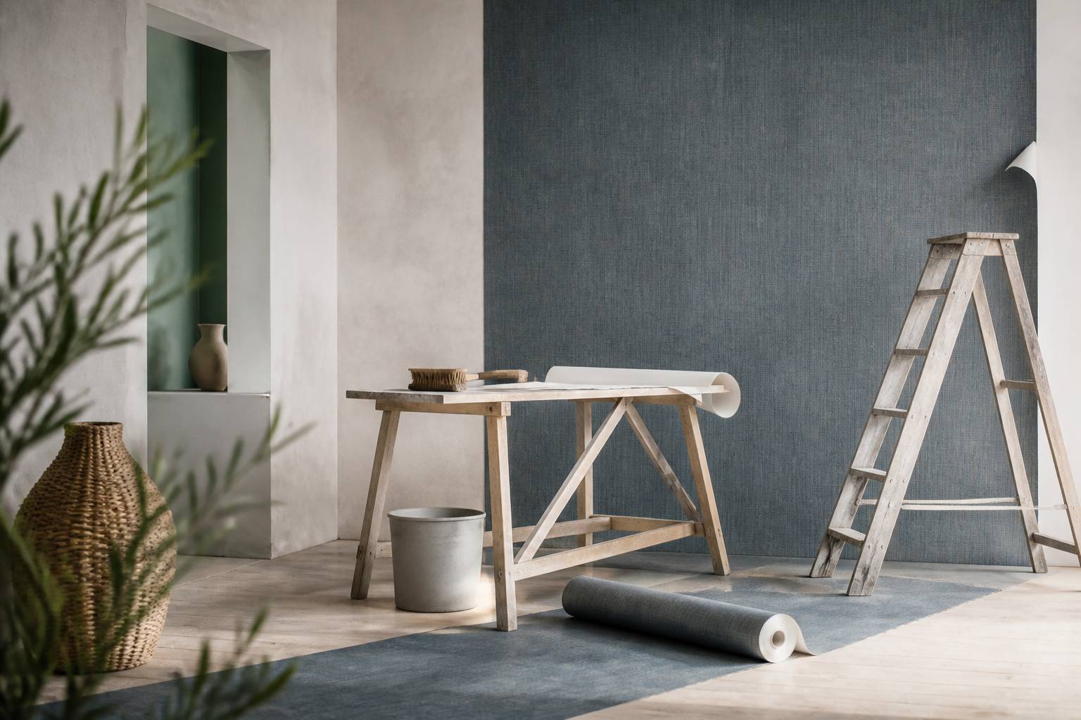 Pose de papier peint : rouleau déroulé, table à maroufler et outillage sur un escabeau