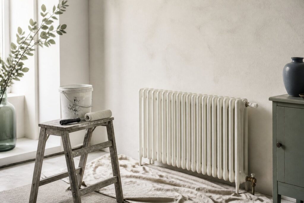 Radiateur en fonte blanc en cours de peinture dans une pièce lumineuse