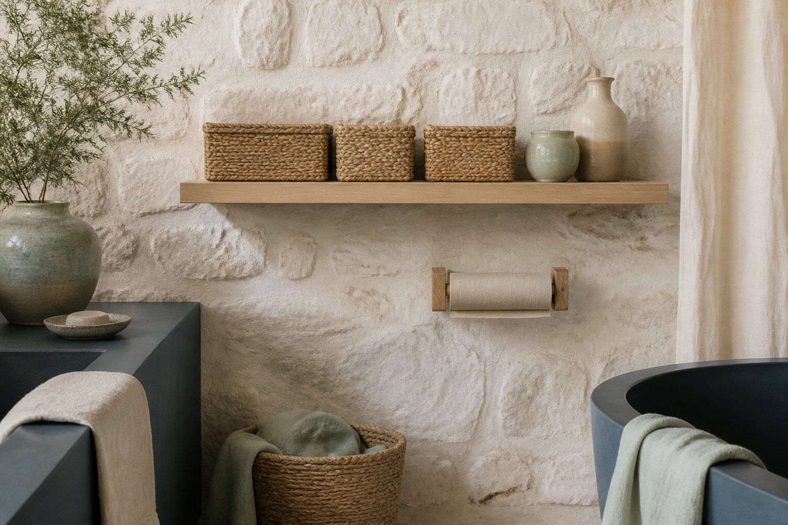 Étagère murale en bois clair avec paniers en osier et poterie dans une pièce d'eau