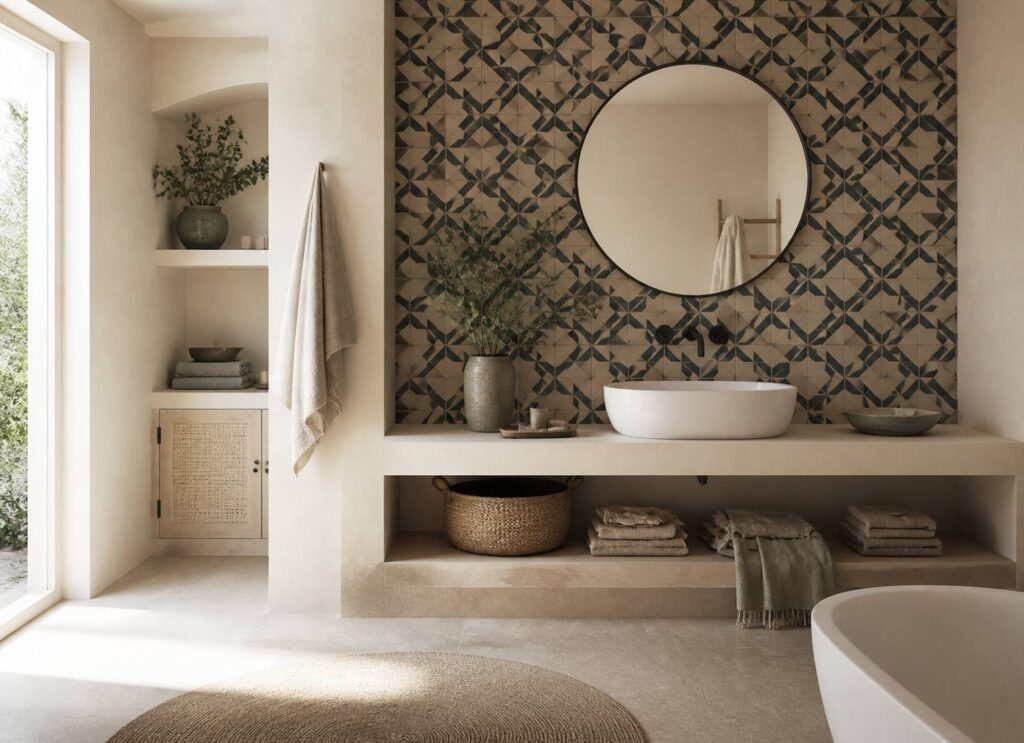 Salle de bains rénovée avec des carreaux de ciment à motifs géométriques