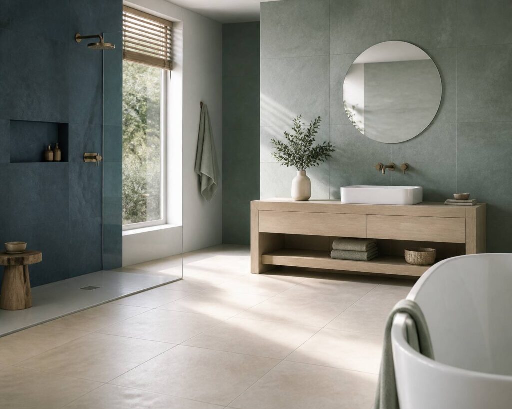 Salle de bains contemporaine au carrelage minéral avec vasque blanche et meuble en bois