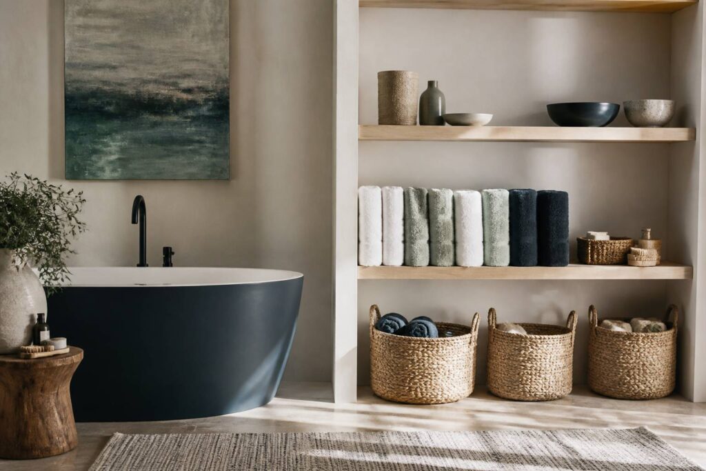 Serviettes de bain pliées debout rangées verticalement dans une étagère claire