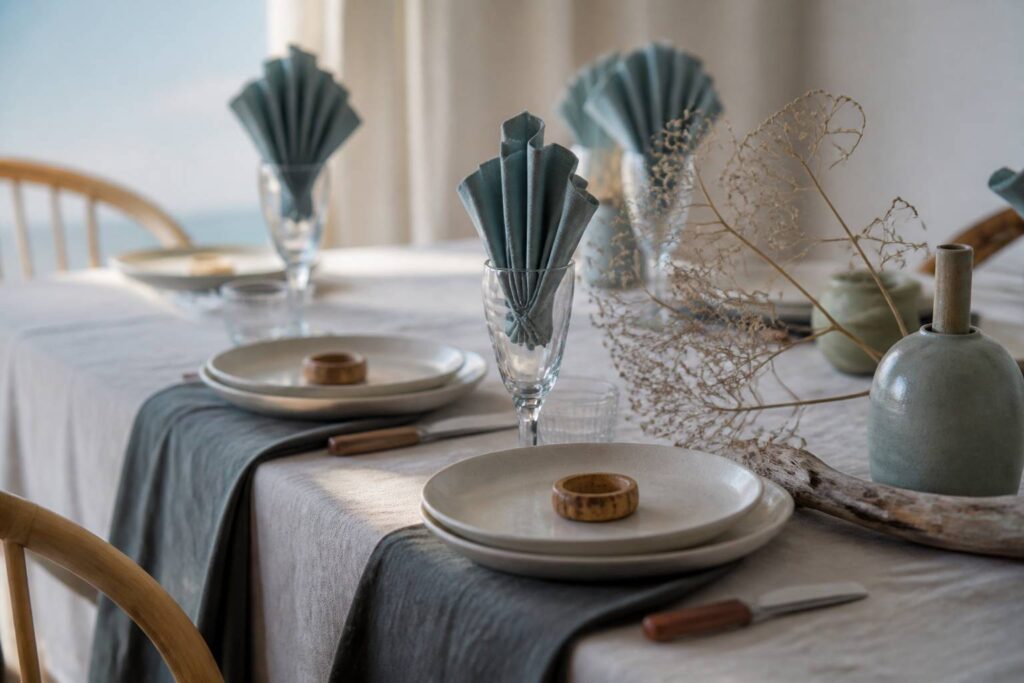Table dressée avec des serviettes pliées en éventail