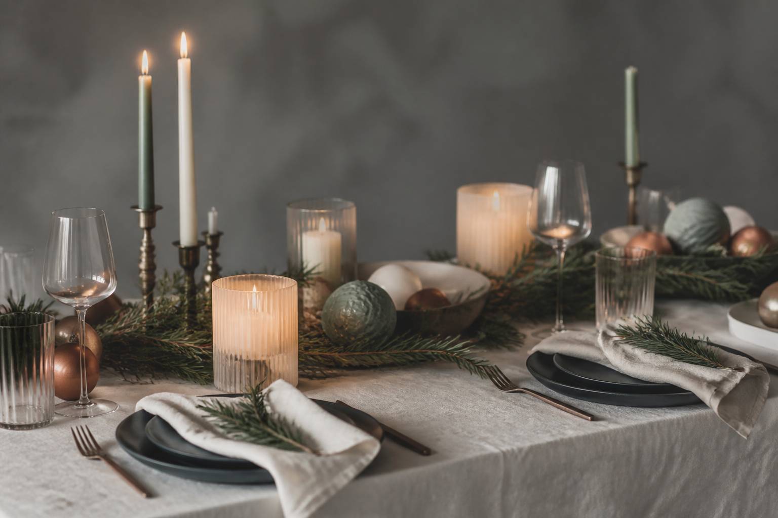 Table de fête épurée avec nappe en lin naturel, bougies, branchages de sapin et boules aux teintes pastel