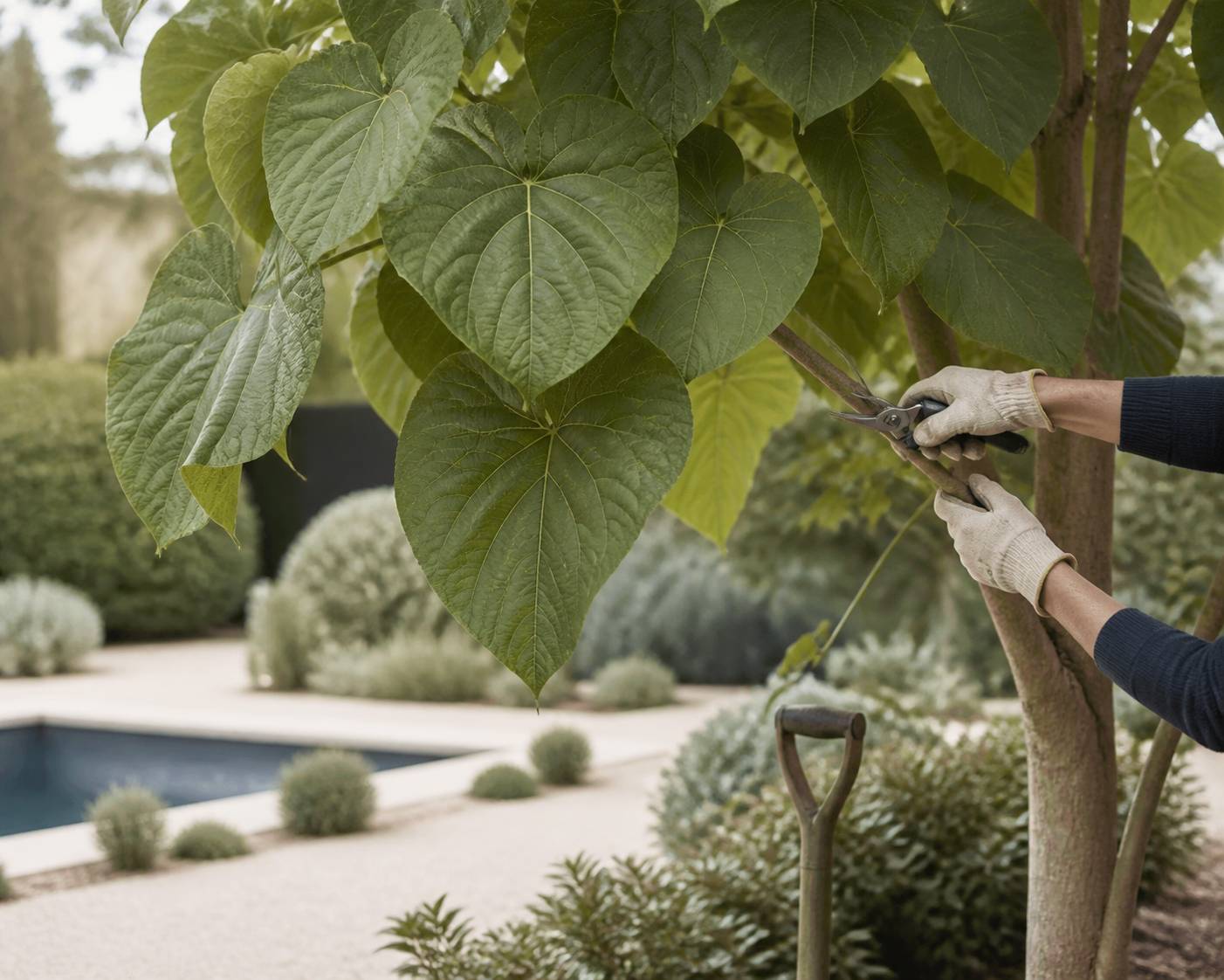 Main gantée taillant les branches d'un jeune paulownia au sécateur