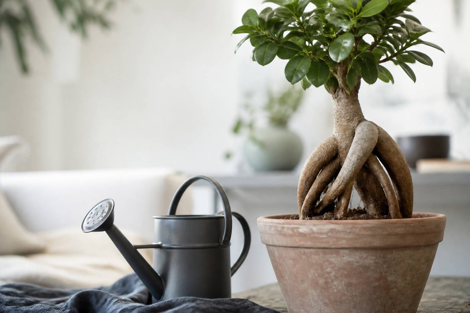 Tronc aux racines renflées d'un ficus ginseng avec un arrosoir