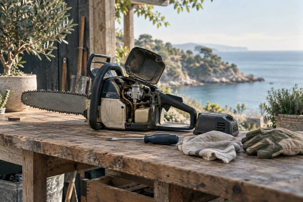 Tronconneuse thermique capot ouvert sur un etabli d'atelier avec tournevis
