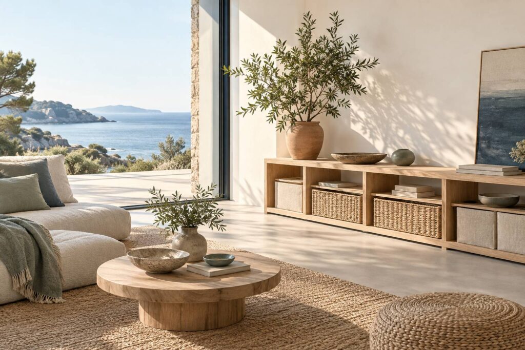 Etagere en bois clair avec paniers tresses et boites de rangement