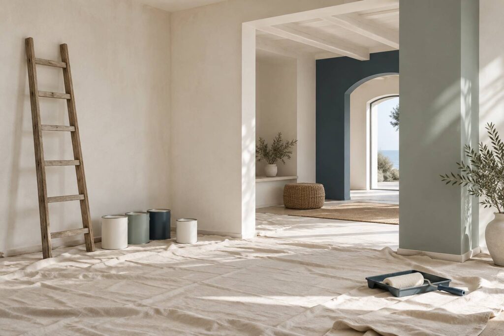 Pièce en rénovation avec bâche de protection, échelle et pots fermés