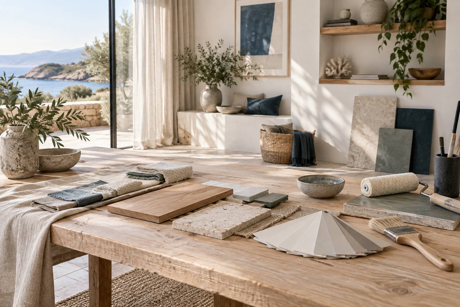 Échantillons de matières et outils de peinture sur une table d'atelier