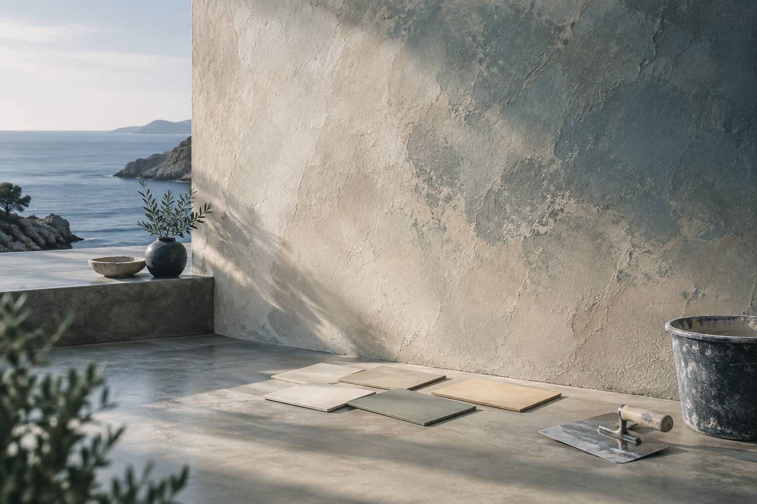 Surface d'enduit mineral nuance avec echantillons de teintes et spatule