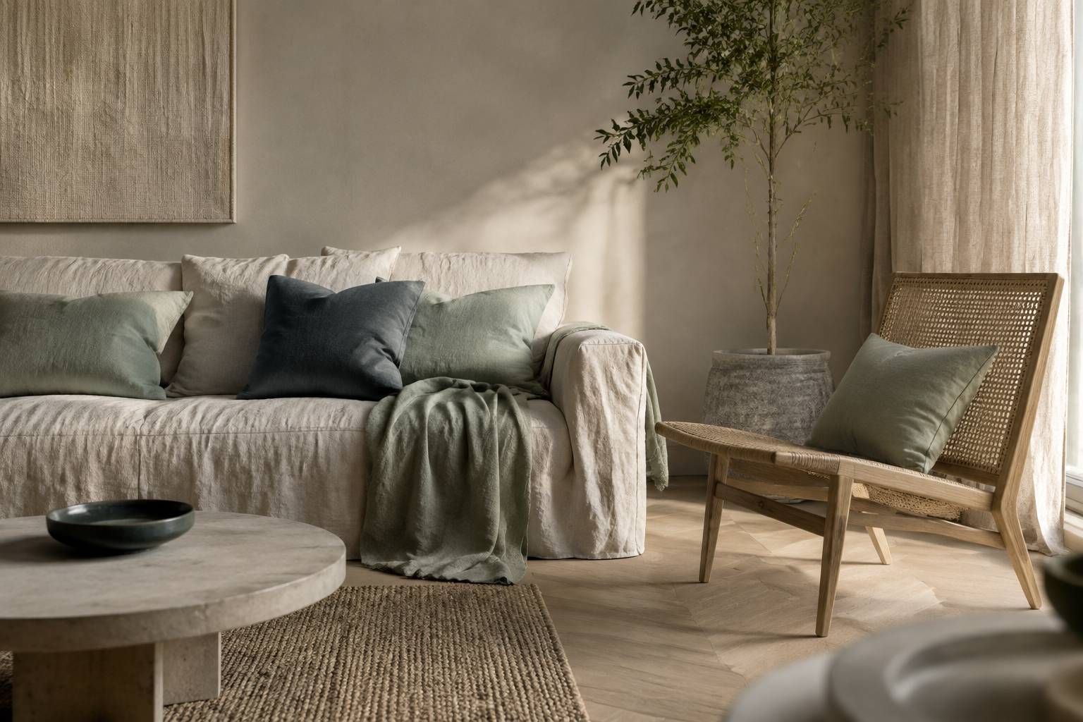 Couches de textiles naturels beiges et vert sauge dans un salon avec fauteuil en cannage