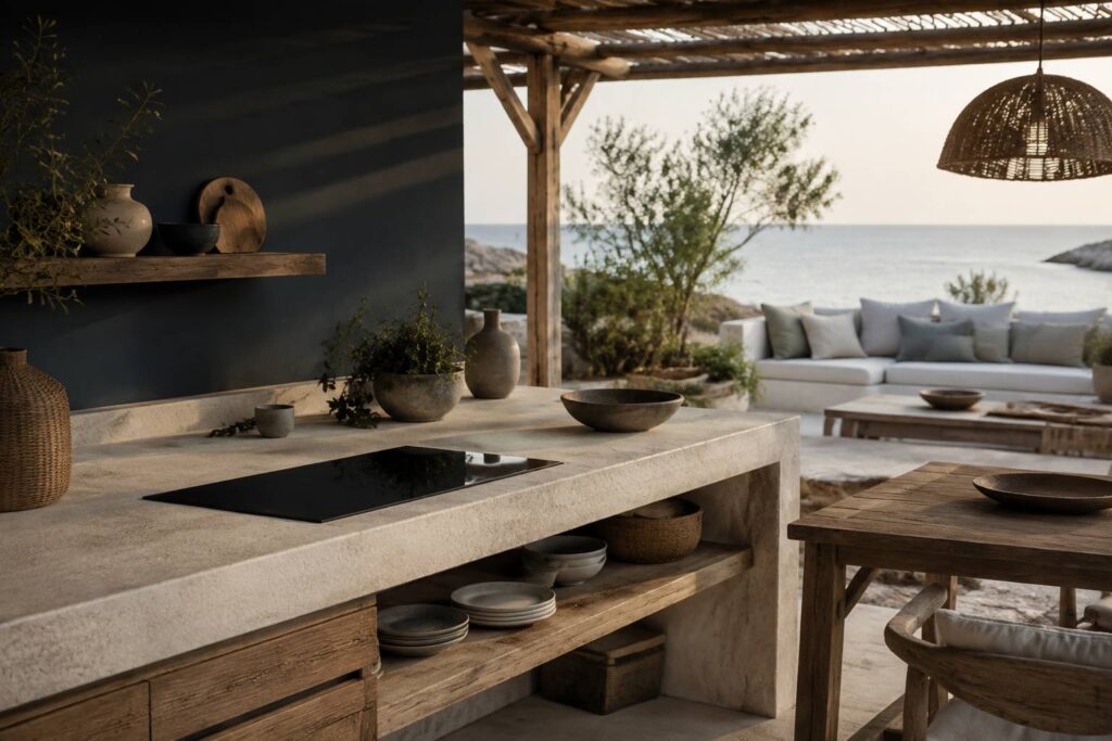Cuisine d'été sous pergola avec plan de travail en pierre et plantes vertes