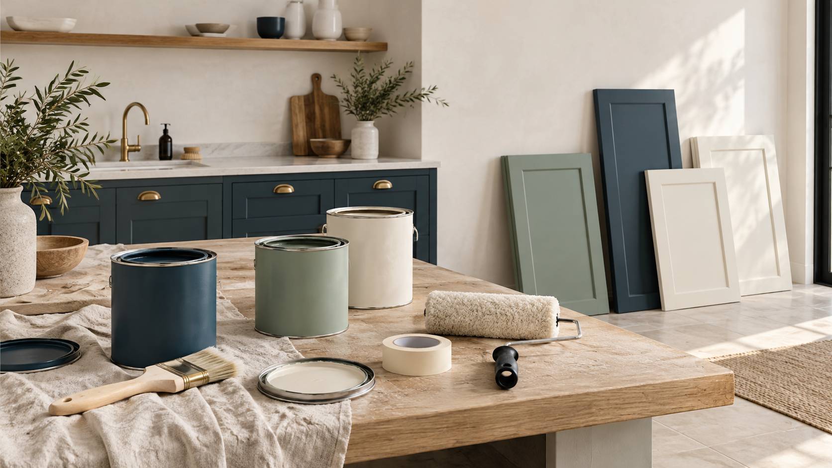 Pots de peinture unis et pinceaux sur une cuisine en relooking