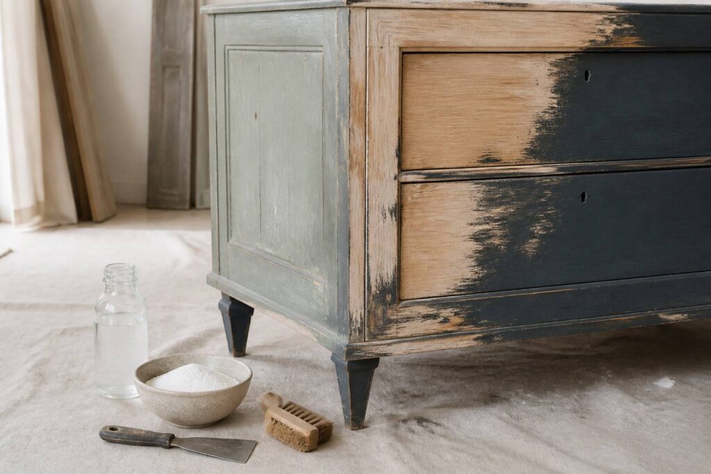 Meuble en bois décapé avec du bicarbonate et du vinaigre blanc