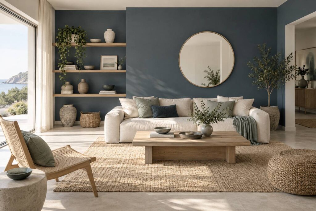 Salon lumineux avec mur bleu-gris, miroir rond et etageres fines