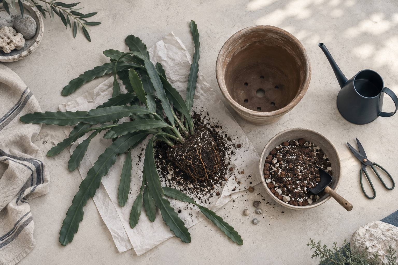 Rempotage d'un epiphyllum avec substrat aeré et arrosoir