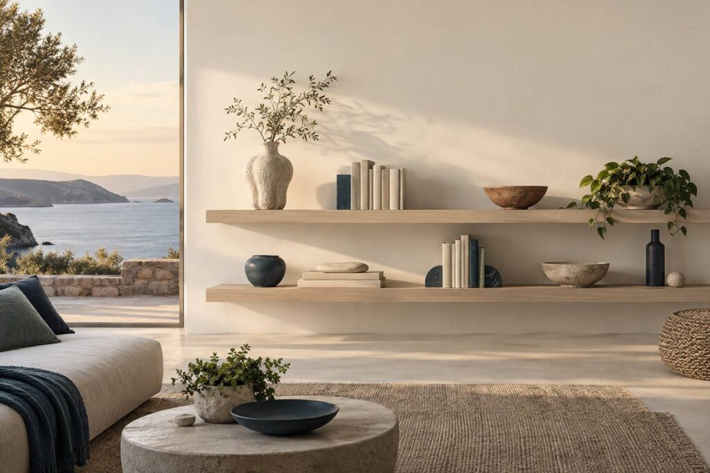 Etagere murale en bois clair avec livres et objets decoratifs sobres