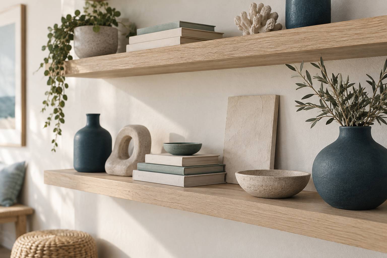 Etagere murale en bois clair avec livres empiles et vase texture