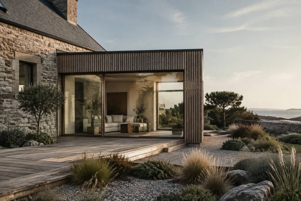 Extension contemporaine en bois et verre accolée à une maison en pierre