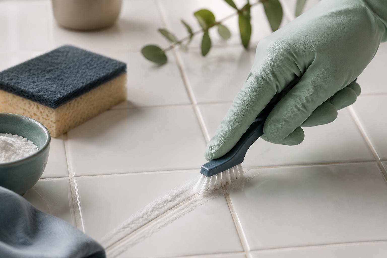 Main gantée nettoyant des joints de carrelage à la brosse avec du bicarbonate