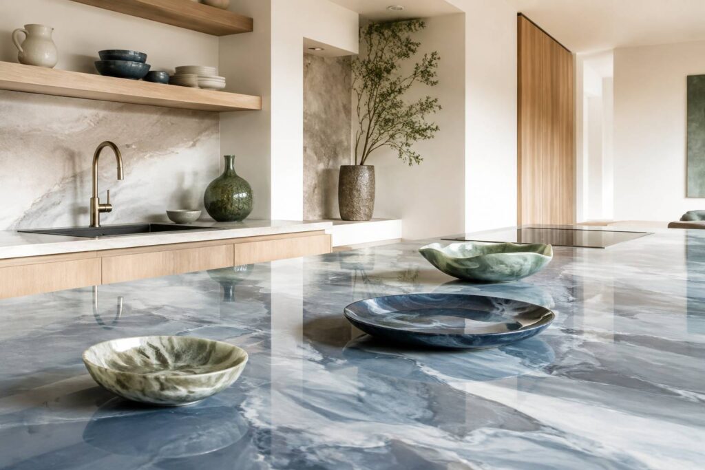 Vue large d'une cuisine design avec un plan de travail en résine époxy marbrée aux tons bleu-gris : bols et pl