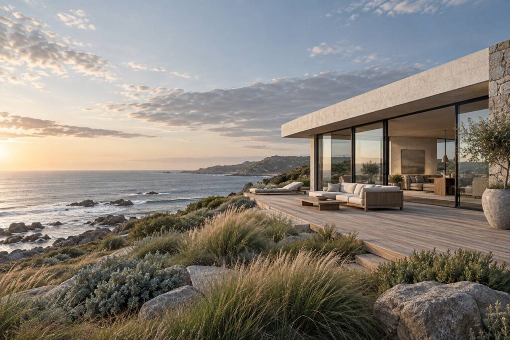 Maison contemporaine en bord de littoral avec grandes baies vitrées