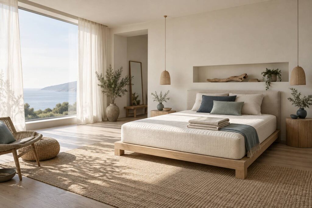 Matelas clair et propre sur un sommier en bois dans une chambre lumineuse
