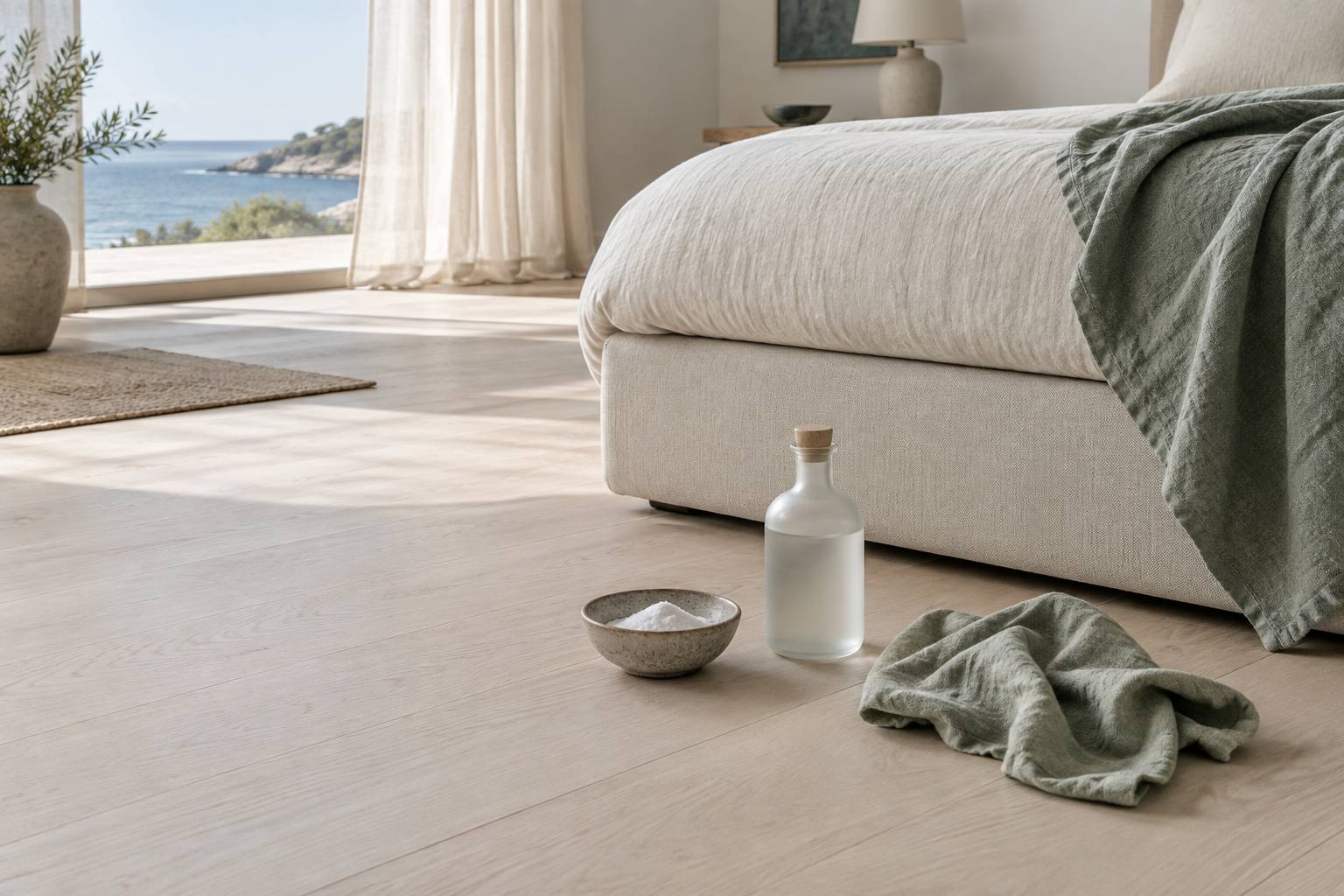Coupelle de bicarbonate et linge humide posés devant un matelas dans une chambre