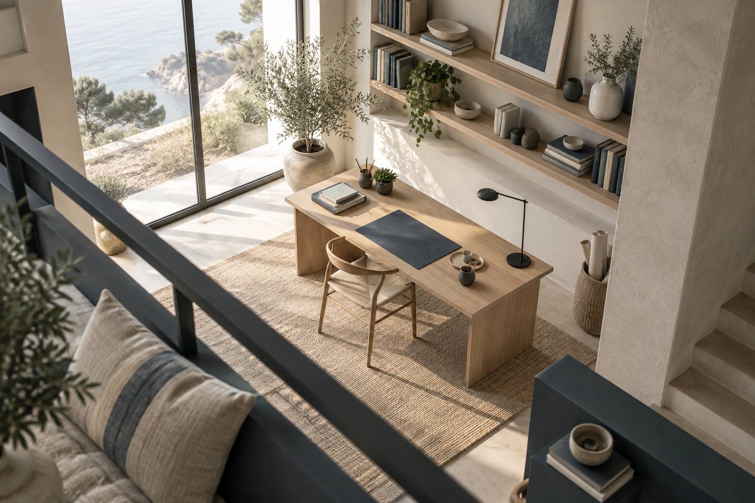 Mezzanine amenagee en bureau avec etageres murales et plante