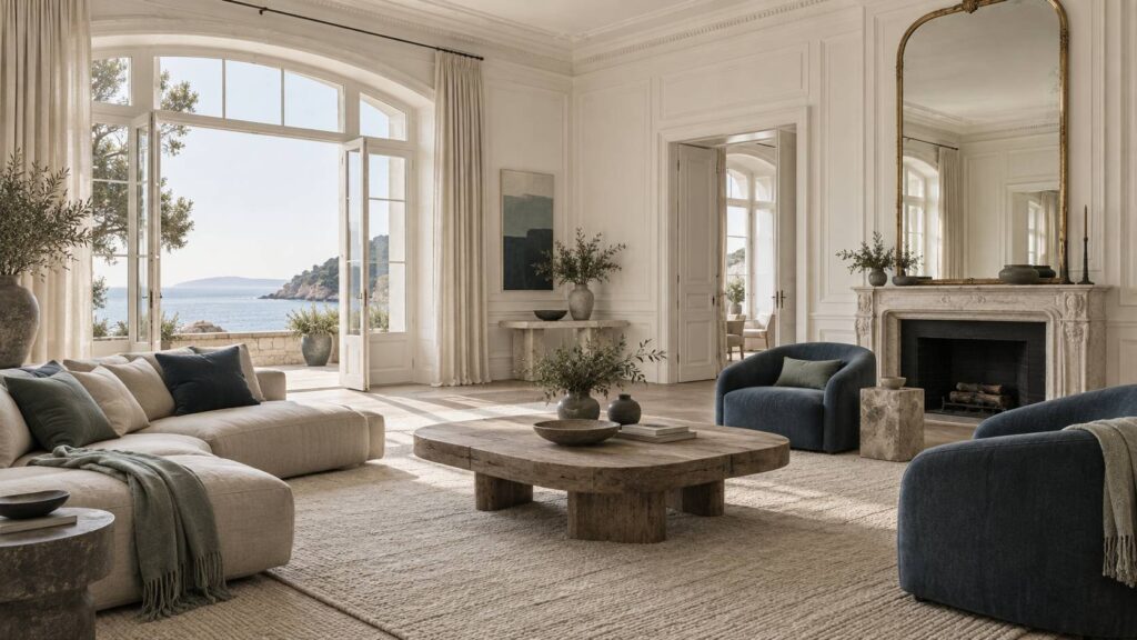 Salon élégant aux murs ornés de moulures blanches et corniches au plafond