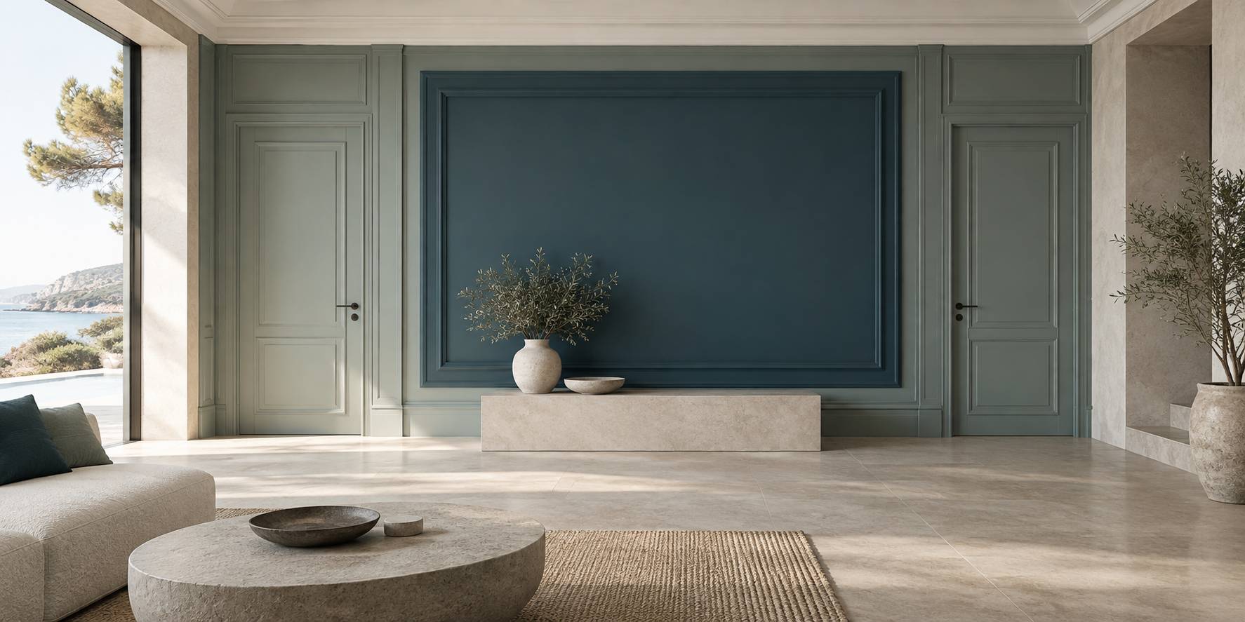 Salon élégant aux murs ornés de moulures blanches et corniches au plafond