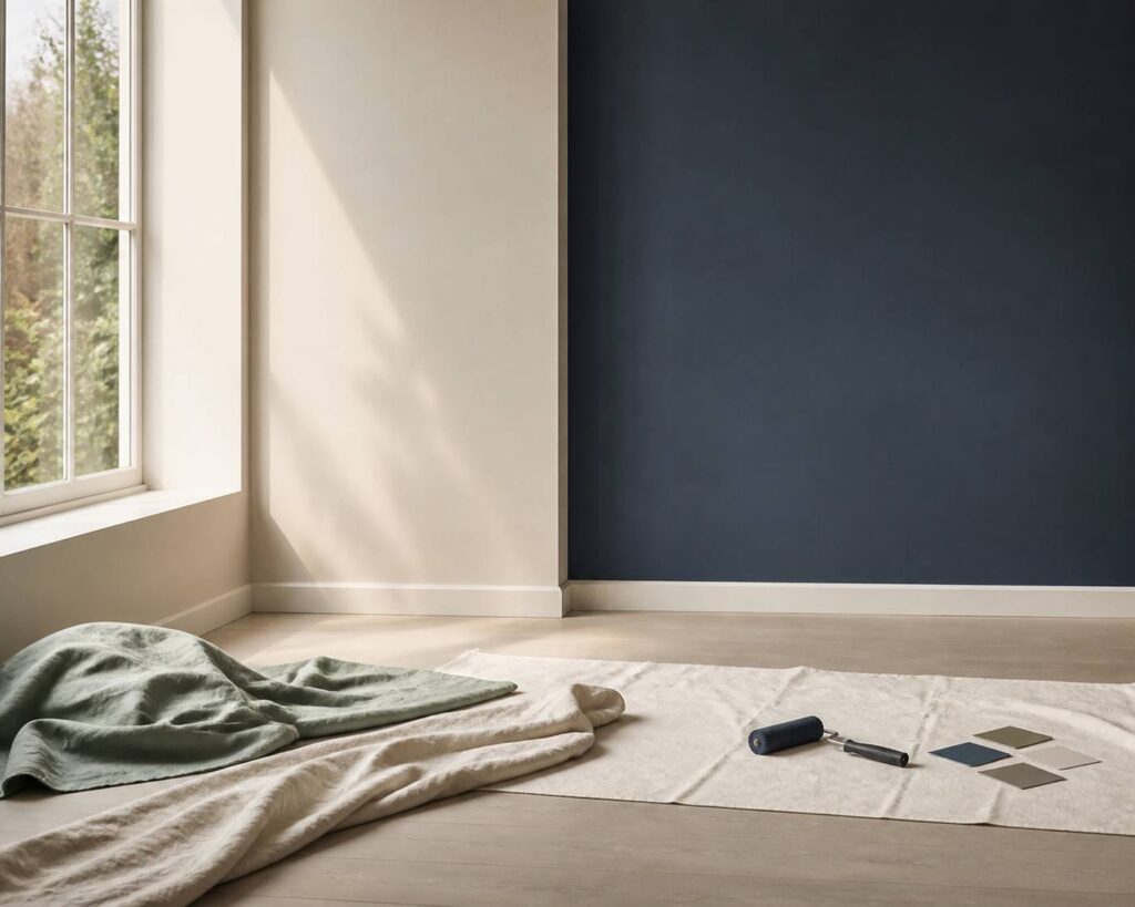 Salon clair avec mur d'accent bleu ardoise et échantillons de peinture